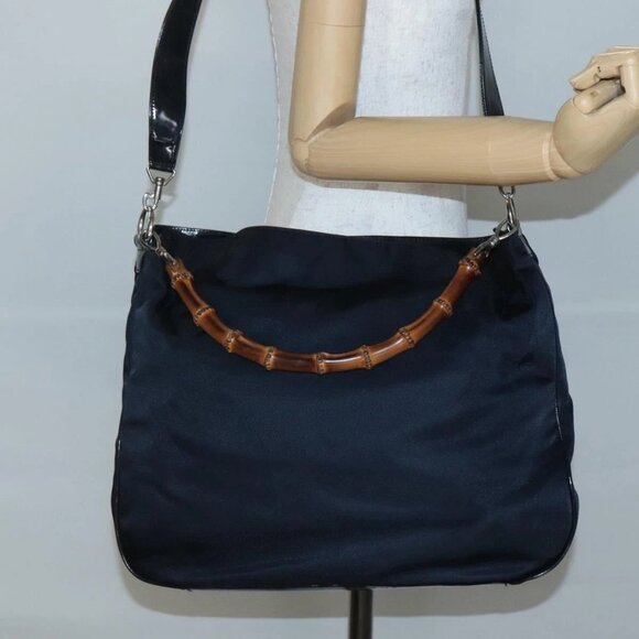 GUCCI Bamboo Hand Bag Nylon 2way Black Silver 001 1705 1577 Auth ti3394 - Picture 1 of 16